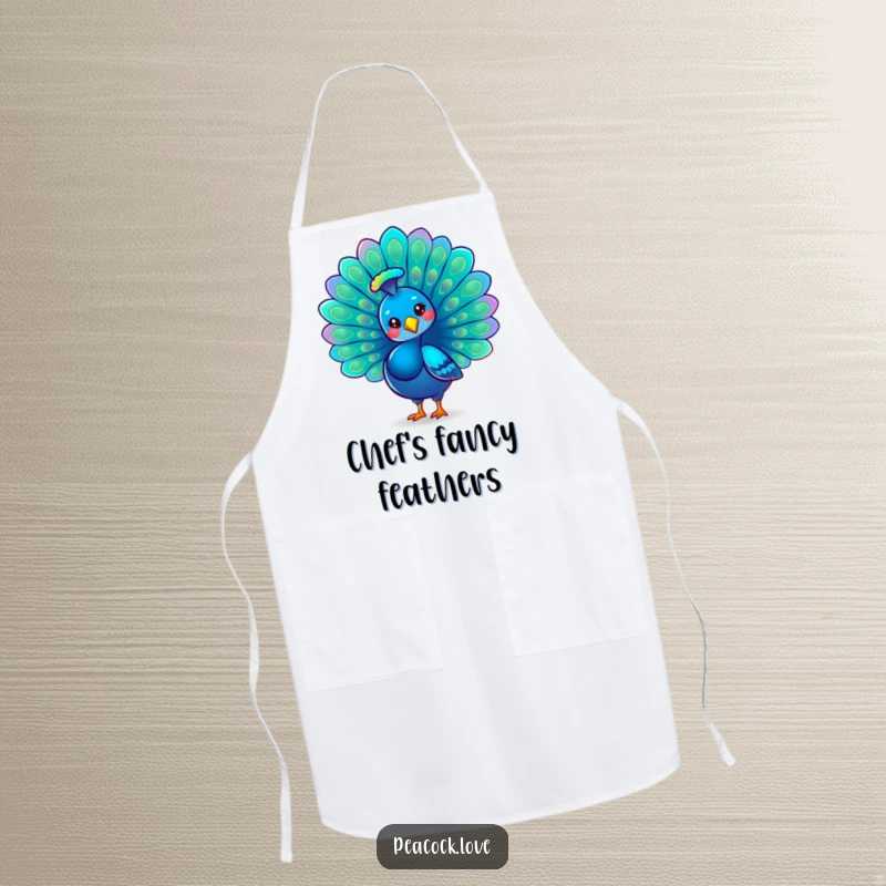 Funny Kawaii Peacock Apron: A proud peacock fans its iridescent tail feathers, bringing elegance and humor to kitchen duties.
