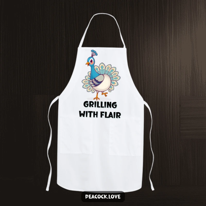 Funny Kawaii Peacock Apron: A happy peacock playfully struts with a proud expression, bringing cheerful confidence to cooking.