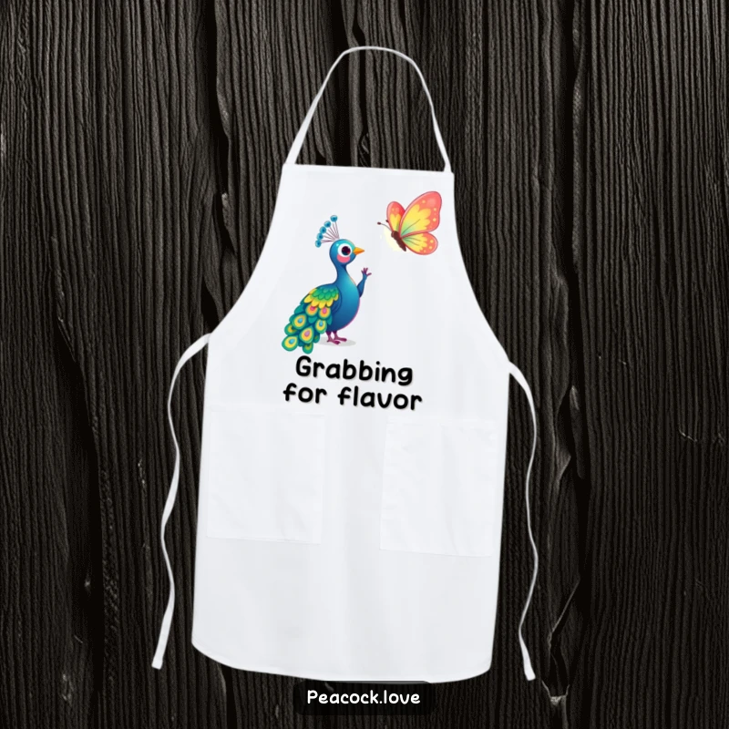 Funny Kawaii Peacock Butterfly Apron: Kitchen wear featuring a peacock reaching for a shiny butterfly. Gift.