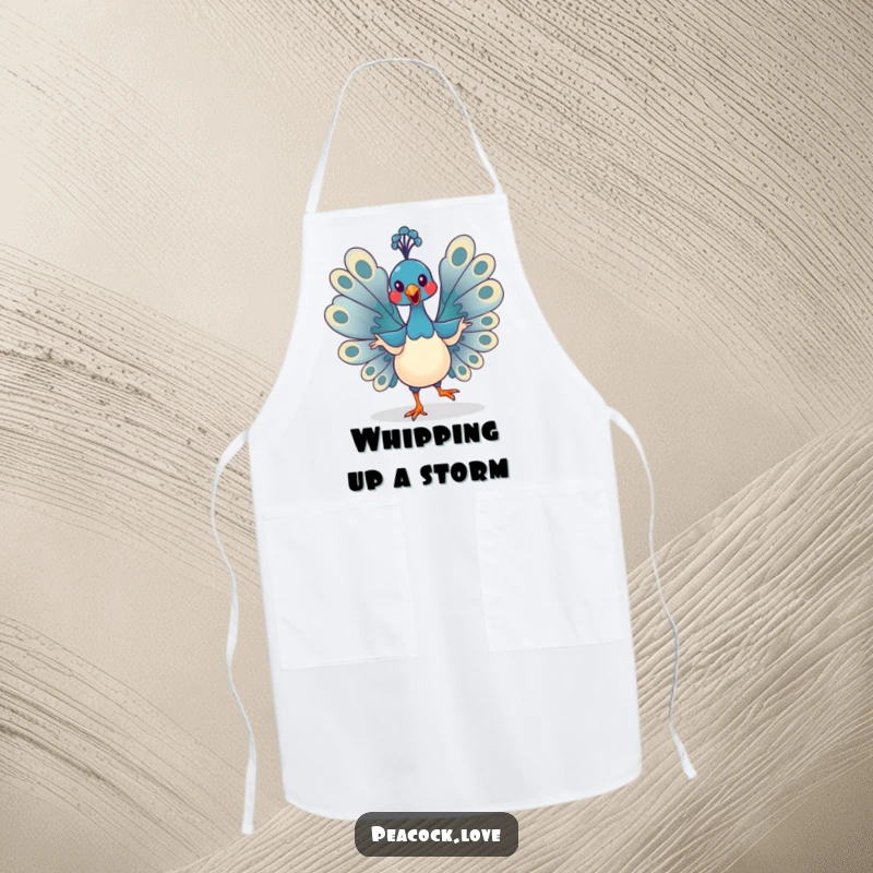 Funny Kawaii Peacock Apron: Chef's wear adorned with a dancing bird, making cooking fun and hilarious. Perfect gift.