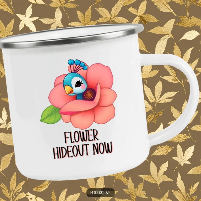 Funny Kawaii Peacock Camping Mug: A peacock peeks from behind a flower, offering a playful wink, perfect for adventurous sips.