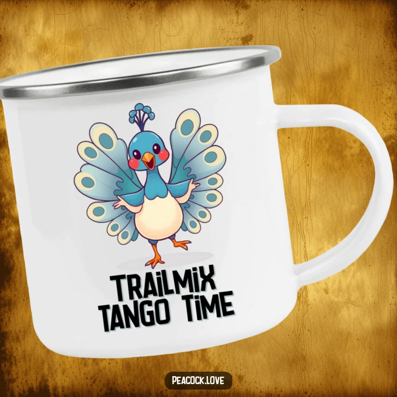 Funny Kawaii Peacock Camping Mug: Sturdy mug with a dancing bird, perfect for outdoor laughs and beverages. Gift.