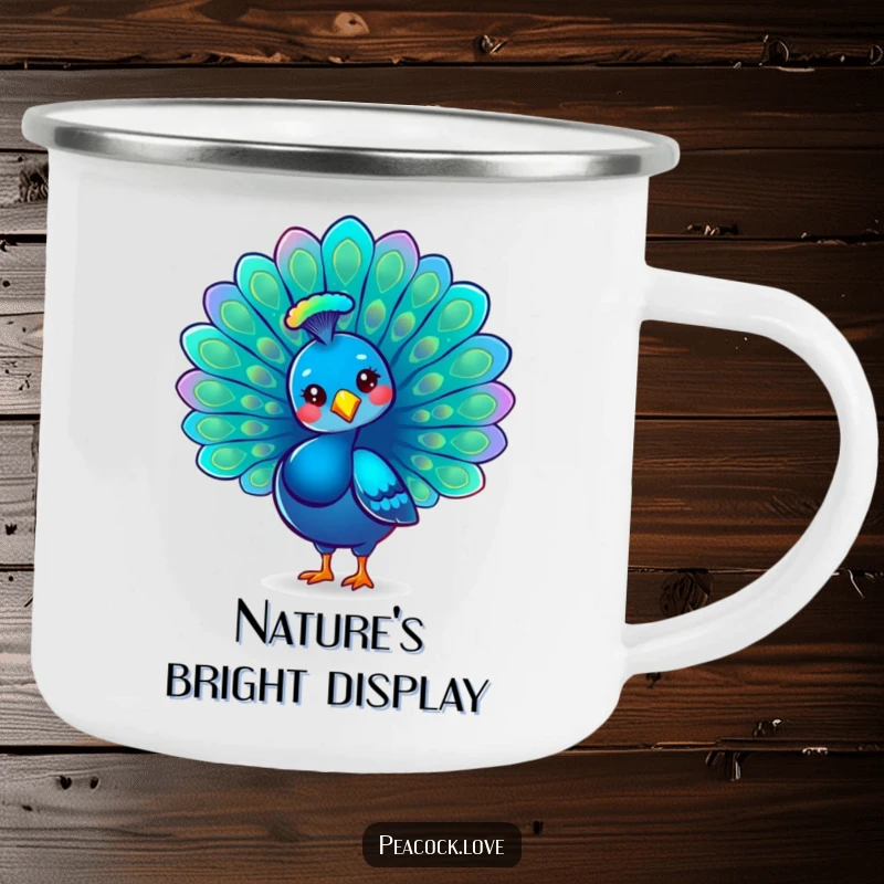 Funny Kawaii Peacock Camping Mug: A proud peacock fans its iridescent tail, adding a touch of elegance to outdoor moments.
