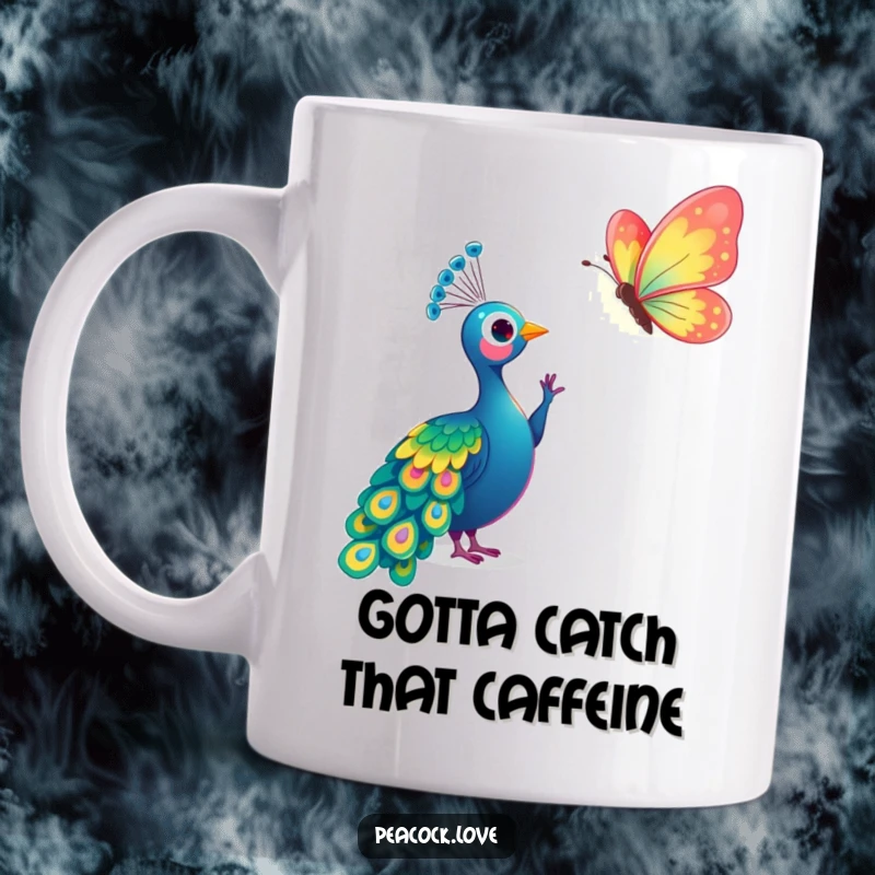 Funny Kawaii Peacock and Butterfly Mug: Cute peacock gently reaches for a colorful, shimmering butterfly. Gift.