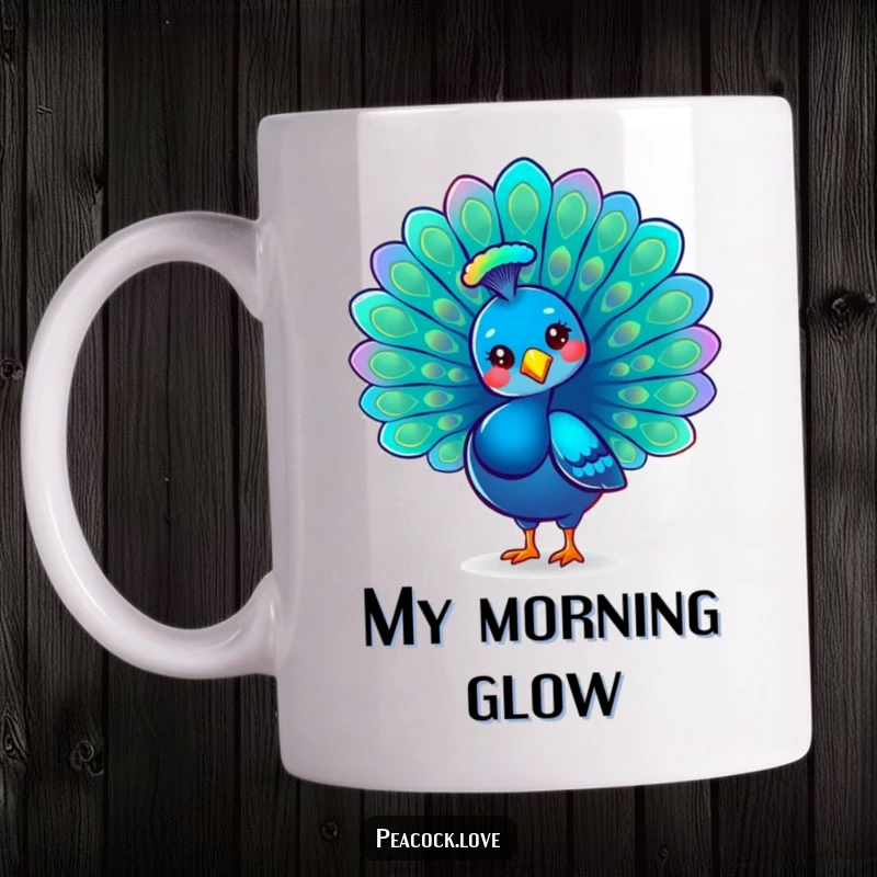 Funny Kawaii Peacock Mug: A proud peacock fans its iridescent tail feathers, showcasing elegance and vibrant beauty with a cheerful demeanor.