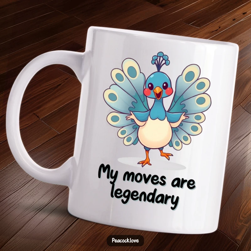 Funny Kawaii Peacock Mug: A cute bird energetically dances with wings wide open, spreading joy and laughter. Perfect gift.
