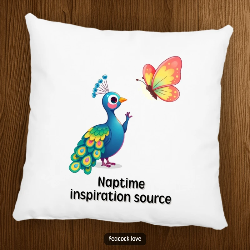 Funny Kawaii Peacock Butterfly Pillow: Soft cushion with a peacock reaching for a shimmering butterfly. Gift.