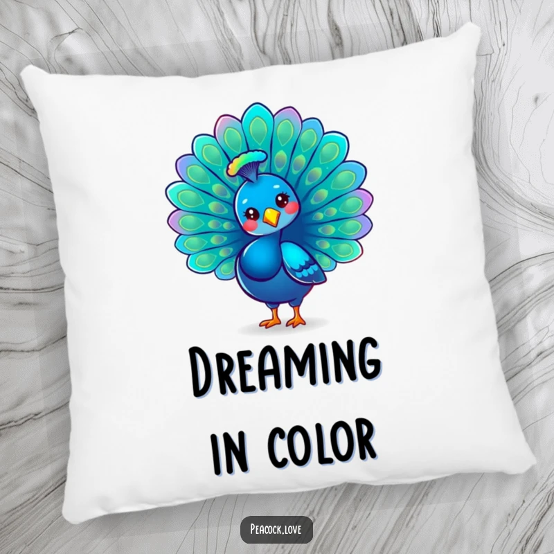 Funny Kawaii Peacock Pillow: A proud peacock fans its iridescent tail feathers, adding a touch of elegant, cheerful beauty to any room.