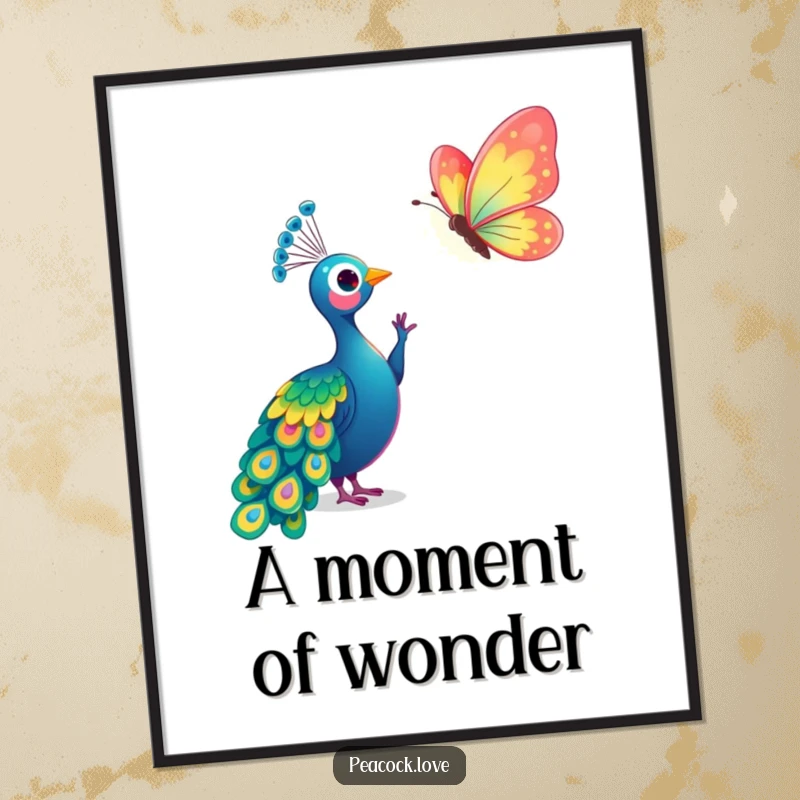 Funny Kawaii Peacock Butterfly Digital Art Print: Art of a peacock reaching for a butterfly. Gift.