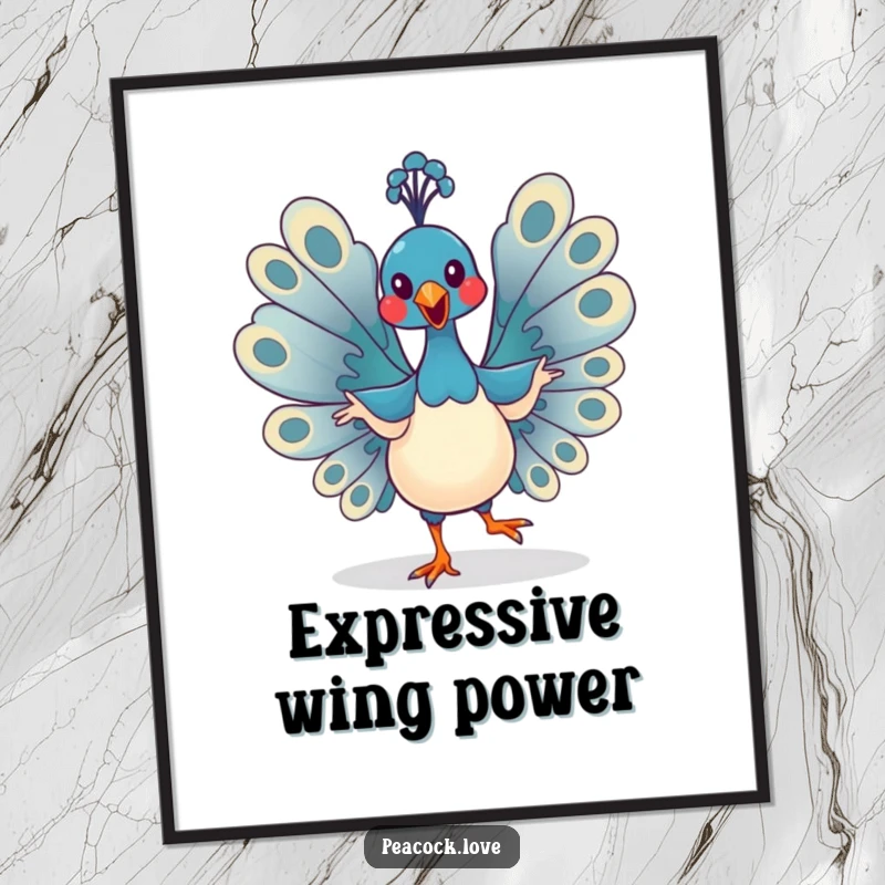 Funny Kawaii Peacock Digital Art Print: A lively bird dances with wings spread, perfect for adding funny decor. Gift.