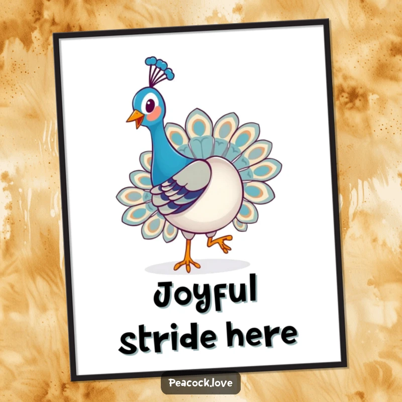 Funny Kawaii Peacock Digital Art Print: A happy peacock playfully struts with a proud expression, bringing cheerful charm to decor.