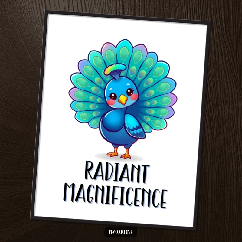 Funny Kawaii Peacock Digital Art Print: A proud peacock fans its iridescent tail feathers, creating a beautiful and elegant display.