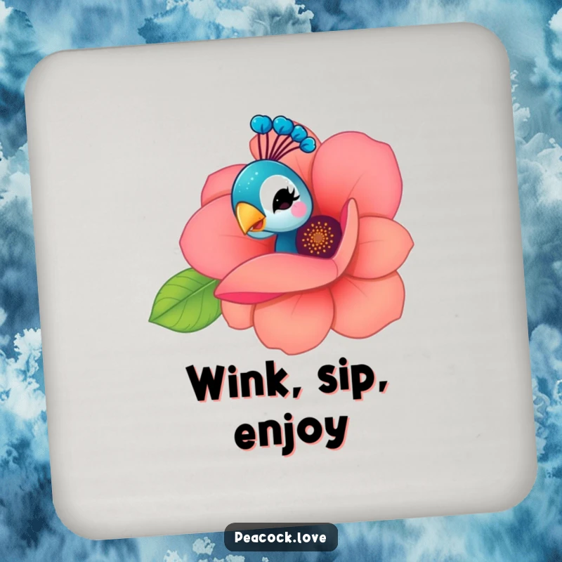 Funny Kawaii Peacock Drink Coaster: A peacock playfully peeks from behind a flower, giving a wink, adding charming protection.