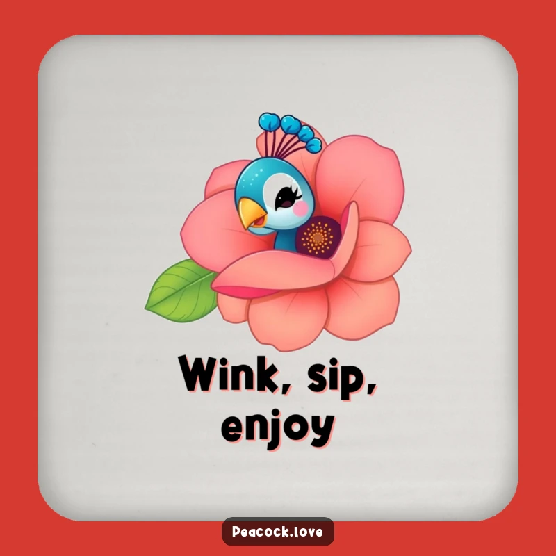 Funny Kawaii Peacock Flower Wink Drink Coaster: Protect Surfaces Playfully