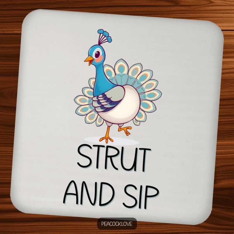 Funny Kawaii Peacock Drink Coaster: A happy peacock playfully struts with a proud expression, adding cheerful charm to table protection.