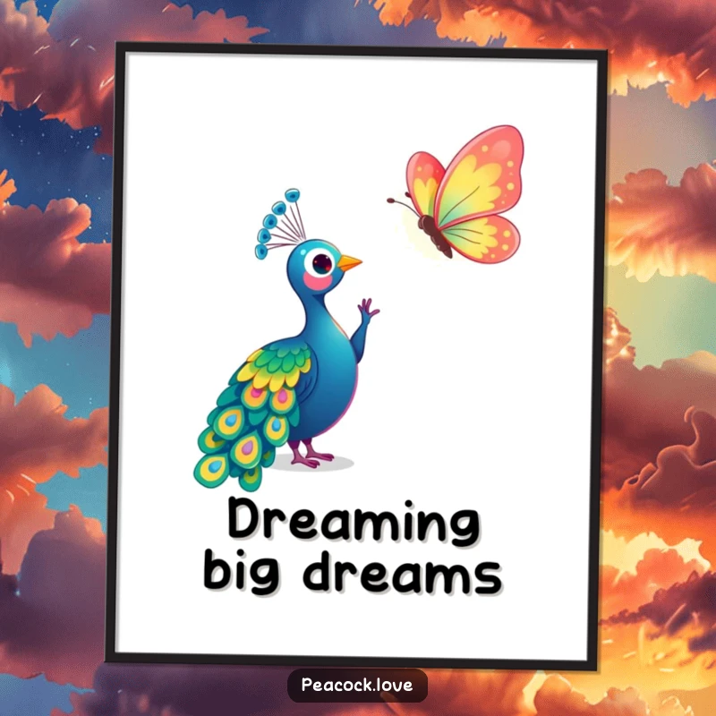 Funny Kawaii Peacock Butterfly Poster: Artwork of a cute peacock reaching for a sparkling butterfly. Gift.