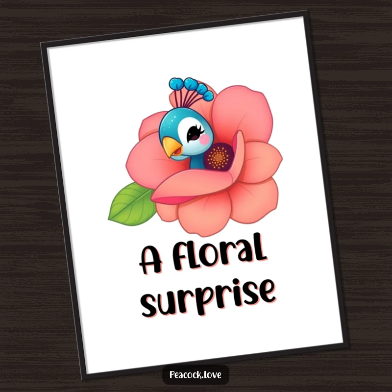 Funny Kawaii Peacock Poster: A charming peacock peeks from behind a vibrant flower, delivering a playful wink with mischievous allure.