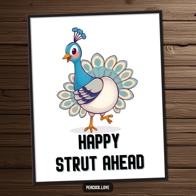 Funny Kawaii Peacock Poster: A happy kawaii peacock playfully struts with a proud, joyful expression, bringing cheer to any wall.
