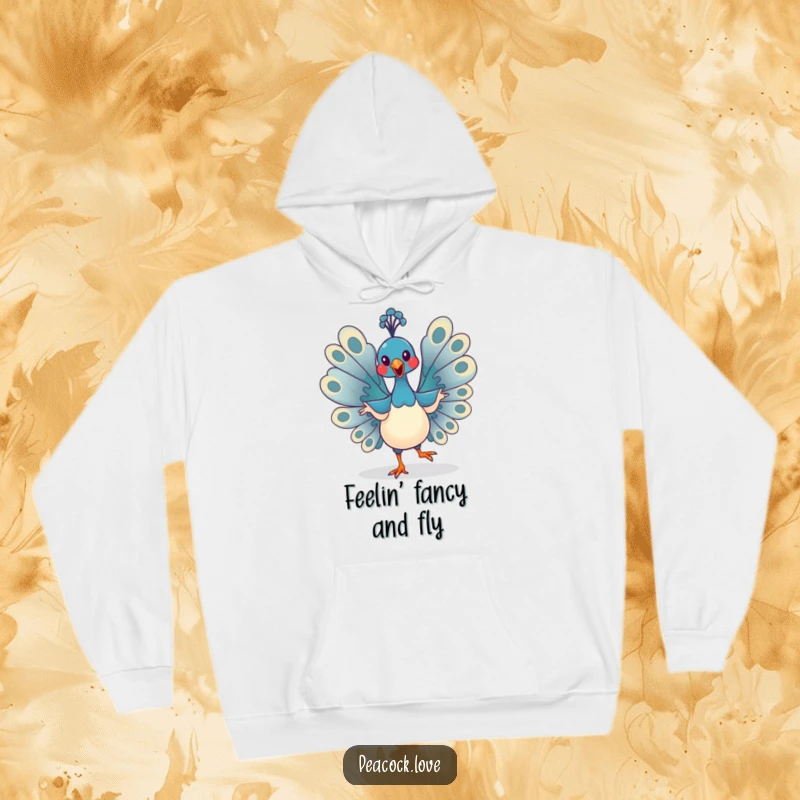 Funny Kawaii Peacock Hoodie: Adorable bird dances wildly with flappy wings, bringing a smile and warmth. Perfect gift.