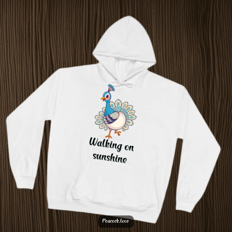 Funny Kawaii Peacock Hoodie: A happy kawaii peacock playfully struts with a proud expression, offering cozy and cheerful vibes.