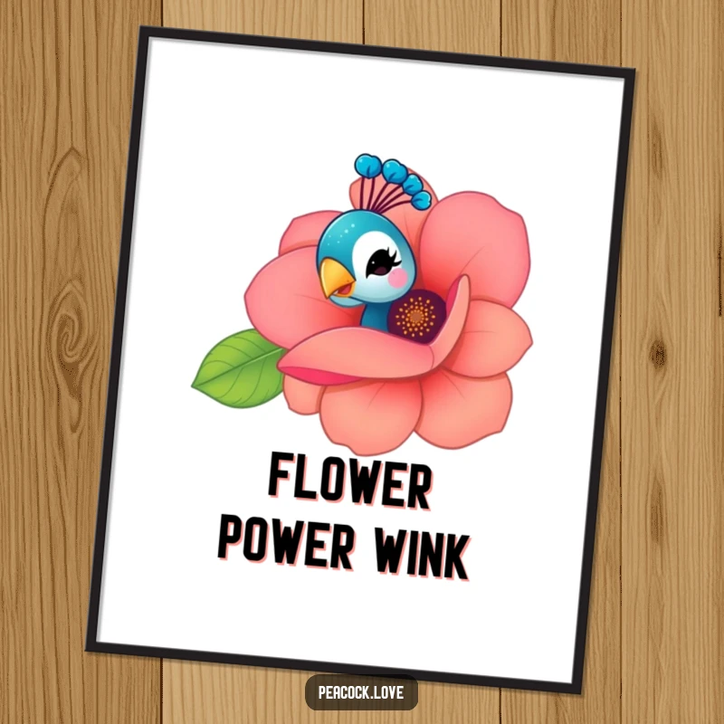 Funny Free Printable Wall Art: A kawaii peacock peeking playfully from behind a large flower, giving a charming wink.