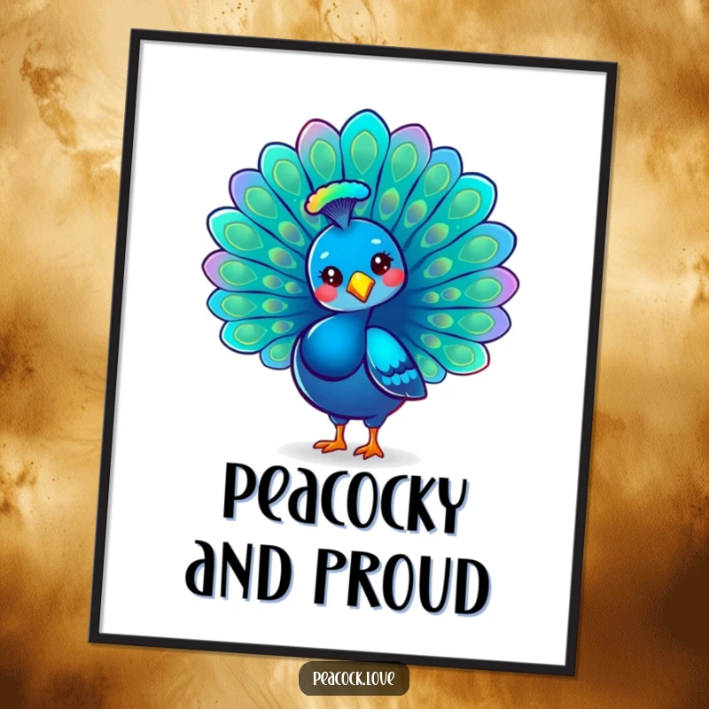 Funny Free Printable Wall Art: A kawaii peacock proudly displaying its fanned, iridescent tail feathers in a spectacular show.