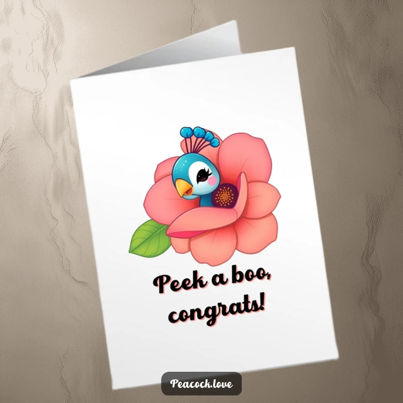 Funny Free Printable Congrats Card: A kawaii peacock peeking out from a big flower, giving a sly wink.