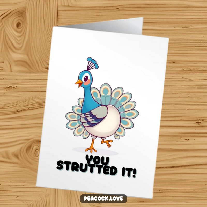Funny Free Printable Congrats Card: A happy kawaii peacock proudly strutting its stuff with an infectious happy expression.