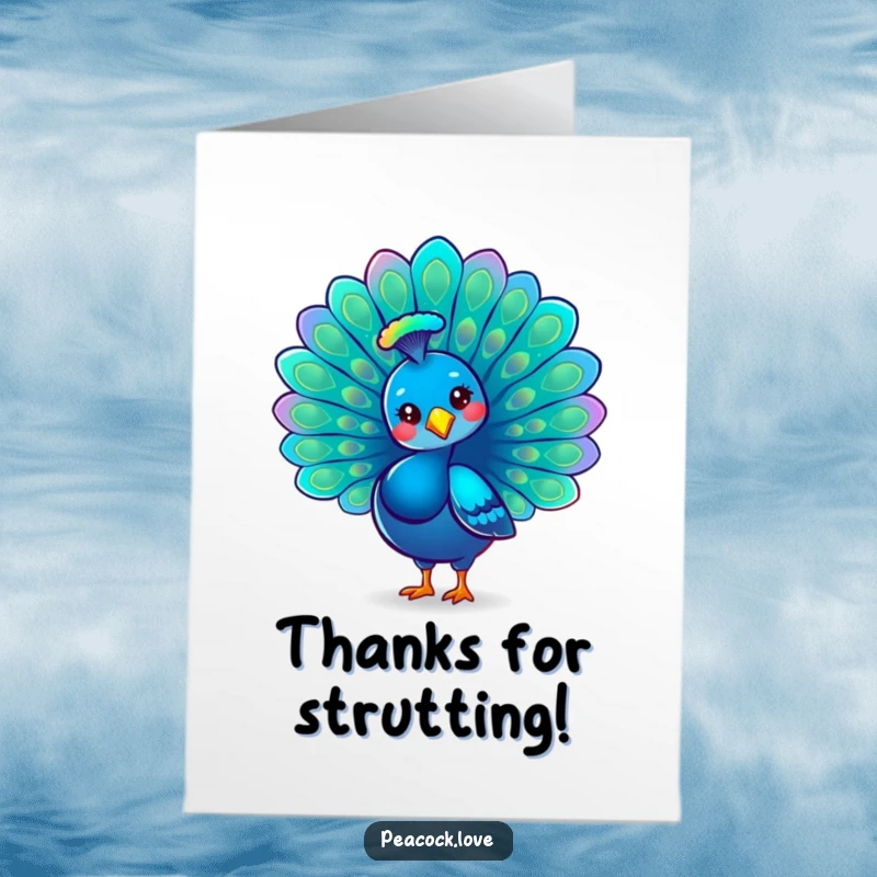 Funny Free Printable Thank You Card: A kawaii peacock gracefully fanning its iridescent tail feathers in a thank you gesture.