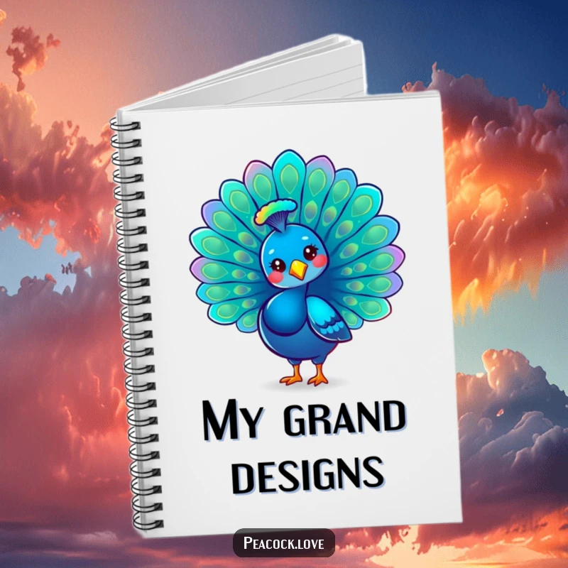 Funny Kawaii Peacock Notebook: Features a proud peacock fanning its iridescent tail, ideal for elegant note-taking.
