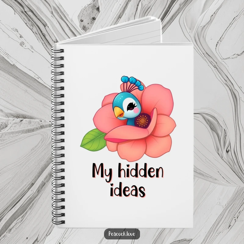 Funny Kawaii Peacock Notebook: Features a curious peacock peeking from behind a flower with a playful wink, ideal for secret notes.