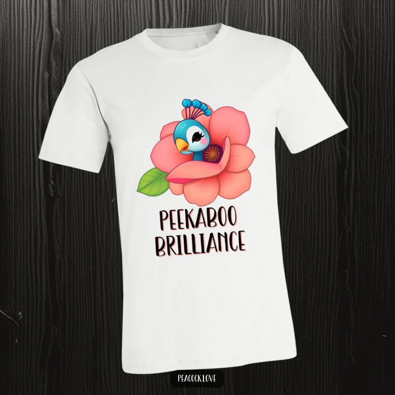 Funny Kawaii Peacock T-Shirt: A kawaii peacock peeks from behind a vibrant flower, giving a cheeky wink, full of playful charm.