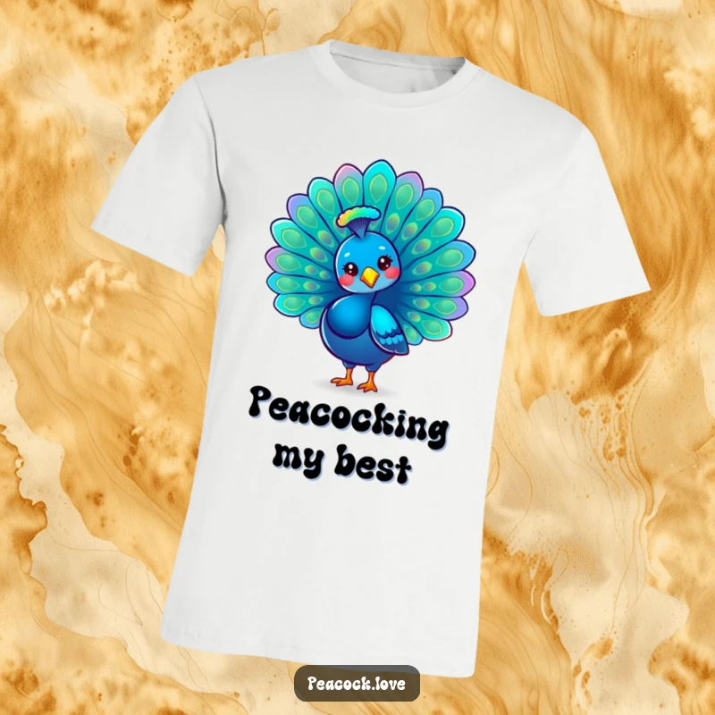 Funny Kawaii Peacock T-Shirt: A proud peacock proudly fans its dazzling iridescent tail feathers, radiating confidence and beauty.