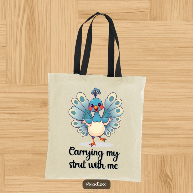 Funny Kawaii Peacock Tote Bag: A cheerful bird performs a funny, exaggerated dance, ready for adventure. Great gift.