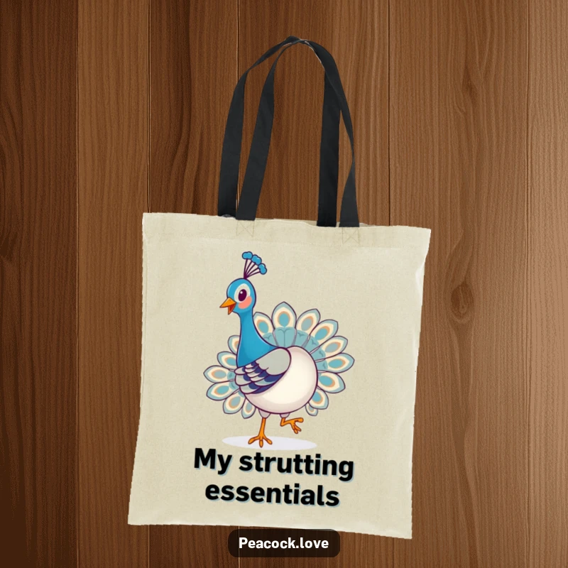 Funny Kawaii Peacock Tote Bag: A playful peacock struts happily with a proud, cheerful expression, great for everyday use.